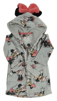 Šedomodro-bílý melírovaný plyšový župan s Minnie a kapucí PRIMARK