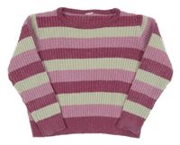 Růžovo-vínovo-světlešedý pruhovaný žinylkový oversize svetr 