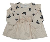 Světlepudrová žebrovaná tunika s motýlky a mašlí a volánky