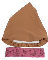 2Set - Růžová čelenka s motýlky a srdíčky + světlehnědý hedvábný šátek