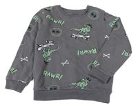 Tmavošedá mikina s dinosaury a nápisy PRIMARK