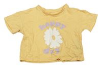 Okrové crop tričko s kytičkou a nápisem Primark