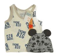 2set - Smetanové tílko s nápisy + tmavošedá melírovaná bavlněná čepice s Mickeym