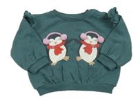 Tmavozelená mikina s tučňáky a volánky zn. M&S