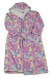 Barevný chlupatý župan s jednorožci s kapucí