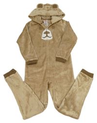 Hnědá chlupatá kombinéza s medvědem a kapucí