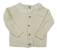 Béžový perforovaný vlněný propínací svetr s límečkem s madeirou Tu