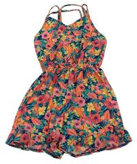 Růžovo-zelený květovaný lehký kraťasový overal Primark