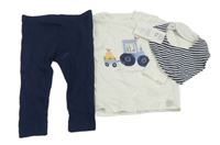 Nové - 3 set - bílé triko s traktorem + tmavomodré lehké tepláky + vílo-tmavomodrý pruhovaný slinták F&F
