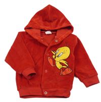 Červená sametová propínací mikina s Tweetym a kapucí 