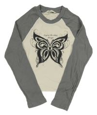 Bílo-šedé žebrované crop triko s motýlkem H&M