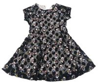 Černé květované krajkové šaty s puntíky Primark