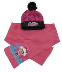 2set - Růžovo-černá čepice s bambulí + šála - LOL 