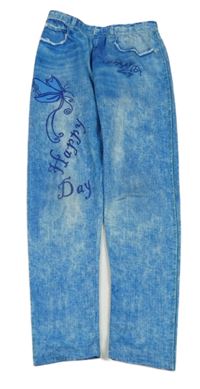 Světlemodré legíny riflového vzhledu s nápisy 