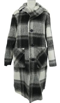 Dámský černo-šedo-bílý kostkovaný flaušový kabát C&A