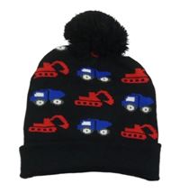 Černá čepice s bagry a bambulí 