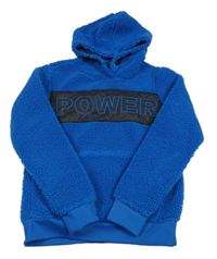 Safírová huňatá mikina s nápisem a kapucí