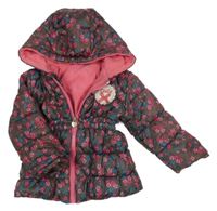 Hnědá květinová šusťáková zimní bunda s nášivkou a kapucí 
