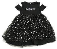 Černé šaty s nápisem a tylovou sukně s puntíky Shein