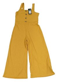 Okrový žebrovaný culottes overal s knoflíky New Look