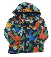 Tmavomodro-zelená šusťáková jarní bunda s dinosaury a kapucí George
