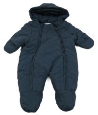 Tmavomodrá šusťáková zimní kombinéza s medvídkem a kapucí