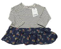 Nové - Tmavomodro-smetanové pruhované šaty s květovanou sukní Next