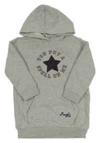 Šedé teplákové šaty s nápisem, hvězdou a kapucí 