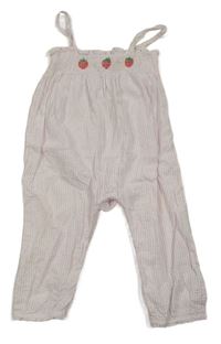 Světlerůžovo-bílý pruhovaný krepový kalhotový overal s jahůdkami zn. Next 