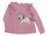 Světlerůžové triko s jednorožcem a volánky H&M