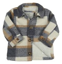 Šedo-bílo-béžová kostkovaná flaušová košilová zateplená bunda George 