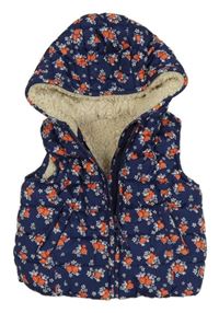 Tmavomodrá kytičkovaná šusťáková zateplená vesta s kapucí Mothercare 