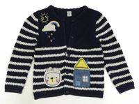 Tmavomodro-bílý pruhovaný propínací svetr s obrázky Tu