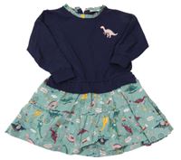 Tmavomodro-světlezelené teplákovo/plátěné šaty s dinosaury Topolino
