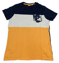 Tmavomodro-šedo-oranžové tričko s kapsou Kids