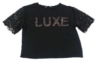 Černé crop tričko s nápisem s flitry a krajkovými rukávy Candy Couture