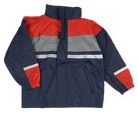 Tmavomodro-šedo-červená šusťáková nepromokavá jarní bunda s ukrývací kapucí TCM