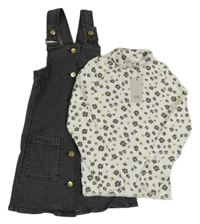 Nové - 2Set - Tmavošedé riflové propínací šaty + smetanový žebrovaný rolák s kytičkami RIVER ISLAND