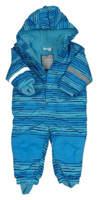 Modro-azurovo-černá pruhovaná šusťáková zimní kombinéza s kapucí Topomini