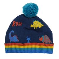 Tmavomodrá pletená čepice s dinosaury a barevnými pruhy a bambulí M&S