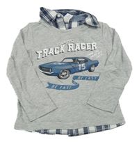 Šedé melírované triko s autem a nápisy a všitou košilí C&A