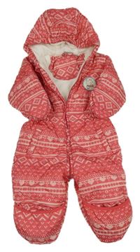 Jahodová vzorovaná šusťáková zimní kombinéza s nášivkou a srdíčky a kapucí impidimpi