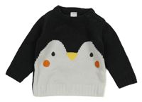 Černo-bílý svetr s tučňáčkem C&A