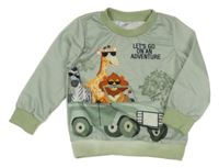 Olivová mikina s jeepem a zvířátky 