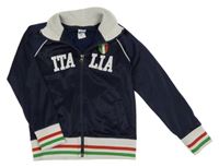 Tmavomodrá propínací sportovní mikina s nápisem a pruhy  