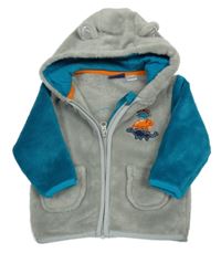 Šedo-modrozelená plyšová bunda s dinosaury a kapucí s oušky lupilu