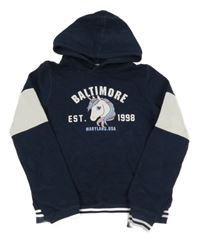 Tmavomodro-bílá mikina s jednorožcem a nápisy a kapsou a pruhy a kapucí H&M