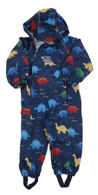 Tmavomodrá šusťáková nepromokavá kombinéza s barevnými dinosaury a kapucí Jojo Maman Bébé