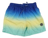 Tmavomodro-modro-žluto-mentolové ombré plážové kraťasy s nášivkou Maui