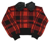 Červeno-černý kostkovaný crop svetr s koženkovým límečkem a kamínky River Island